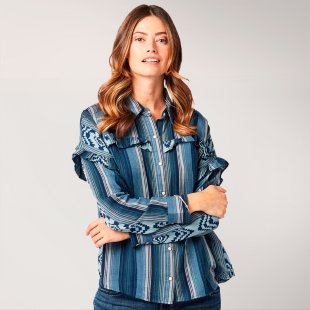 Wrangler Retro Ruffle Top Striped Western Button Down